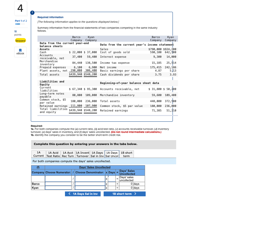 Solved 4 Part 1 of 2 Required information (The following | Chegg.com