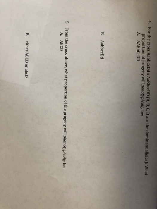 Solved 4. For the cross AabbCcDd x AaBbccDD (A, B, C, D are | Chegg.com