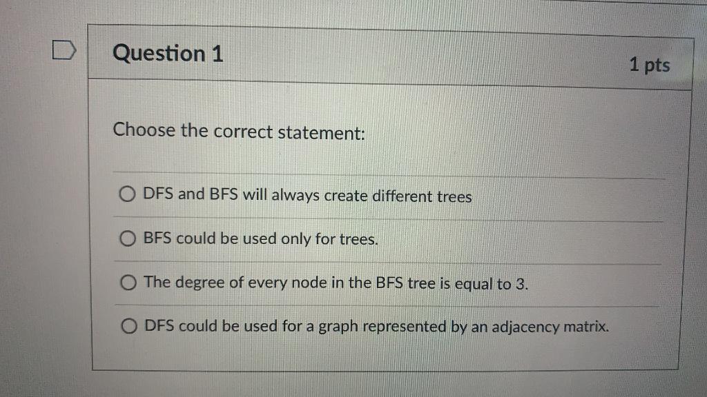 Solved Choose the correct statement: DFS and BFS will always | Chegg.com