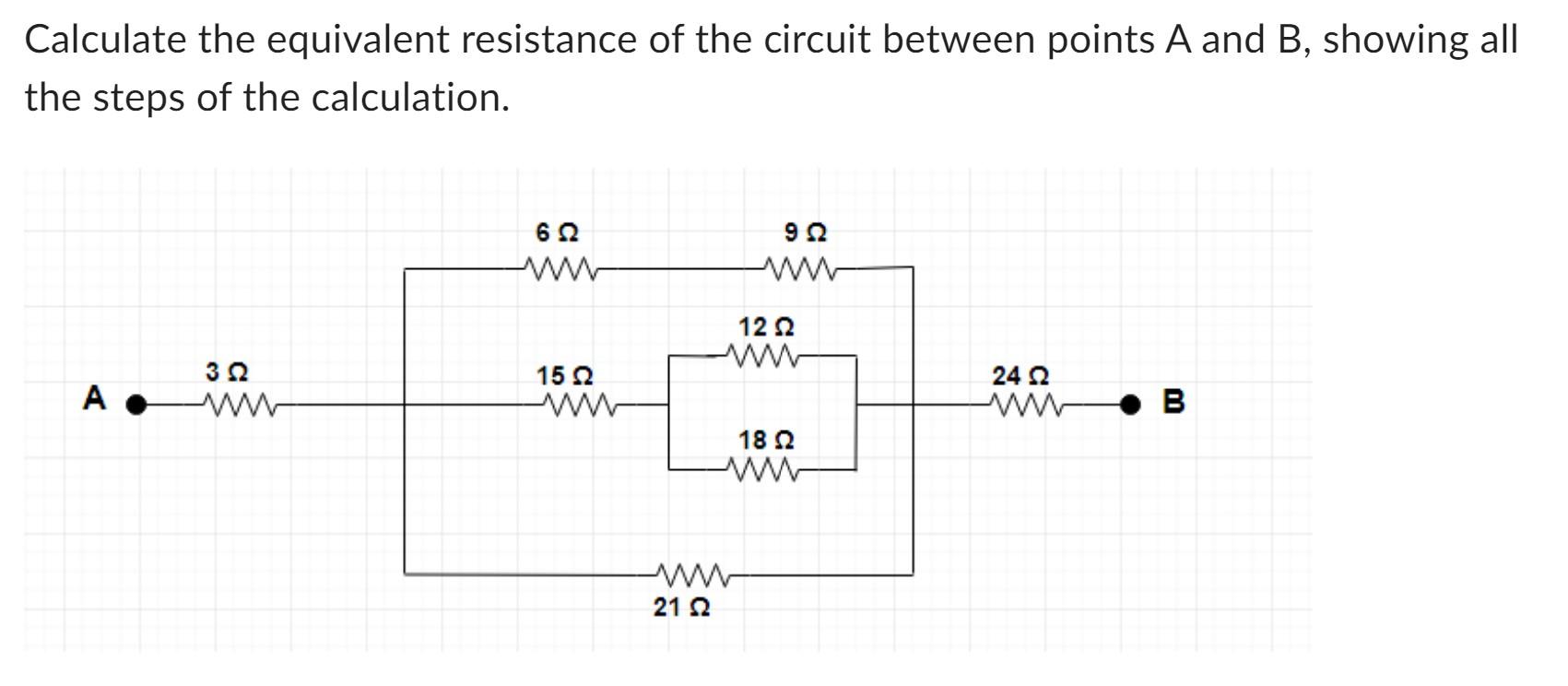 Calculate the equivalent resistance of the circuit between points \( A \) and \( B \), showing all the steps of the calculati