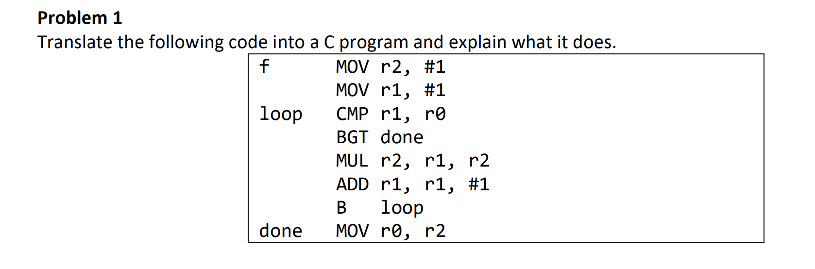 Solved Problem 1 Translate the following code into a C | Chegg.com