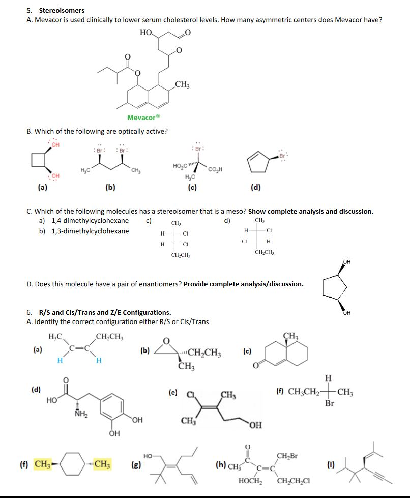 Solved 5. Stereoisomers A. Mevacor is used clinically to | Chegg.com