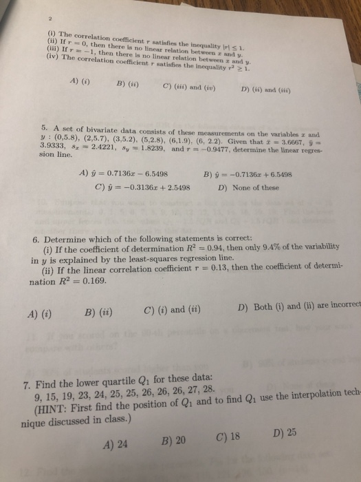 Solved (i) The correlation coefficient r satisfies the | Chegg.com