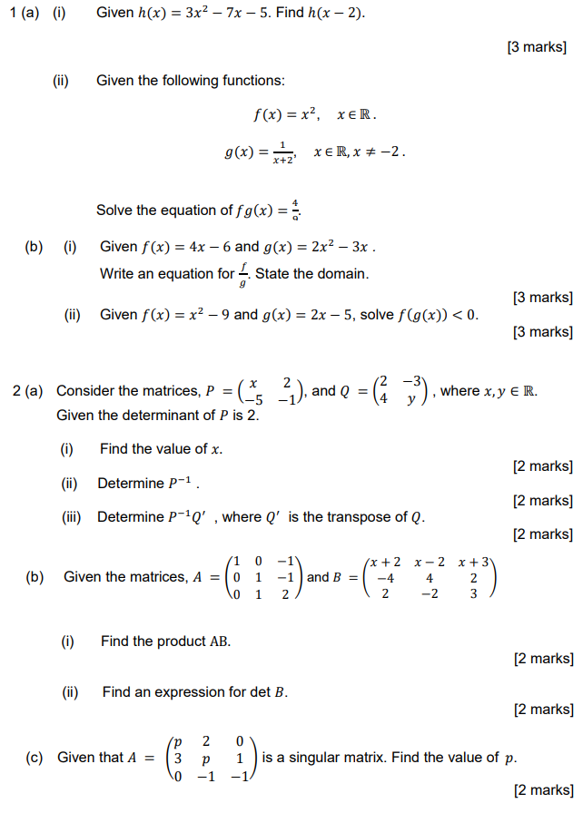 Solved 1 (a) (i) Given h(x)=3x2−7x−5. Find h(x−2). [3 marks] | Chegg.com