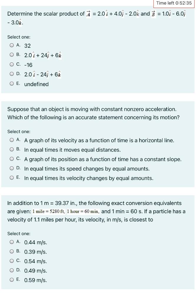 Time Left 0 52 35 Determine The Scalar Product Of Chegg Com