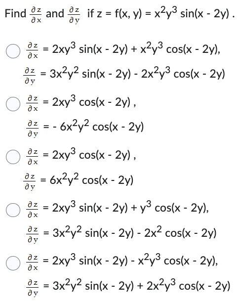 Find \( \frac{\partial z}{\partial x} \) and \( \frac{\partial z}{\partial y} \) if \( z=f(x, y)=x^{2} y^{3} \sin (x-2 y) \)