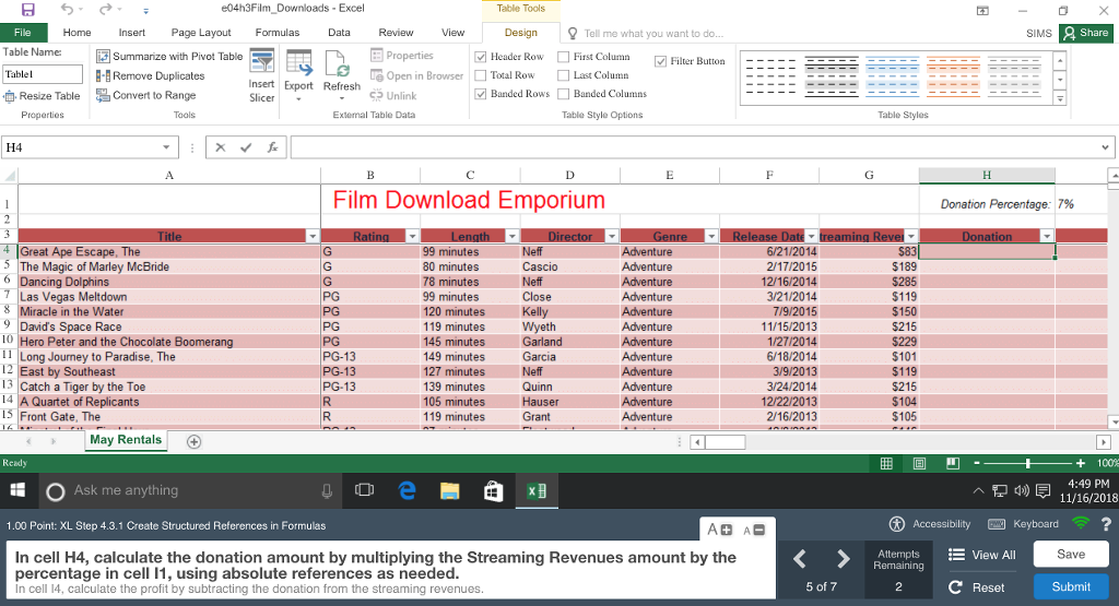 Solved e04h3Film Downloads Excel Table Tools Home Inser