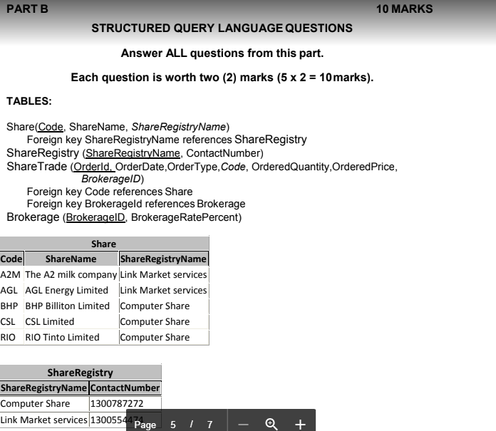 Solved PART B 10 MARKS STRUCTURED QUERY LANGUAGE QUESTIONS Chegg