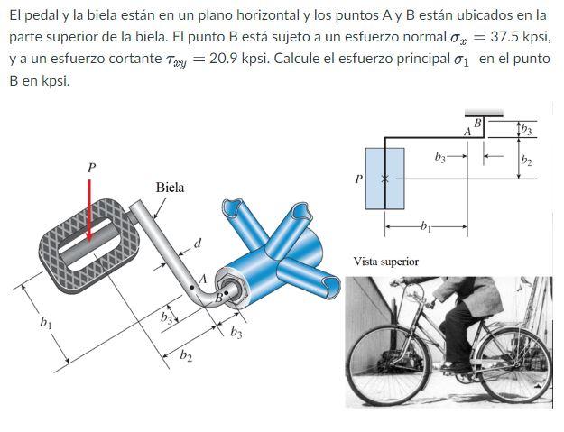 El pedal y la biela están en un plano horizontal y \( \operatorname{los} \) puntos \( \mathrm{A} \) y \( \mathrm{B} \) están