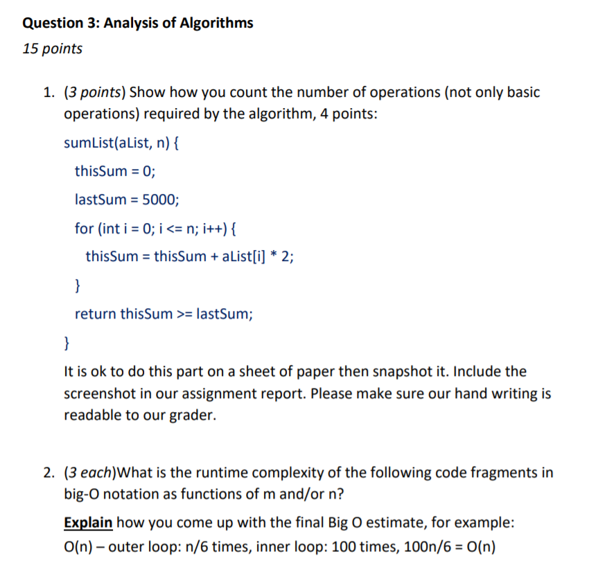 Solved Question 3: Analysis of Algorithms 15 points 1. (3 | Chegg.com