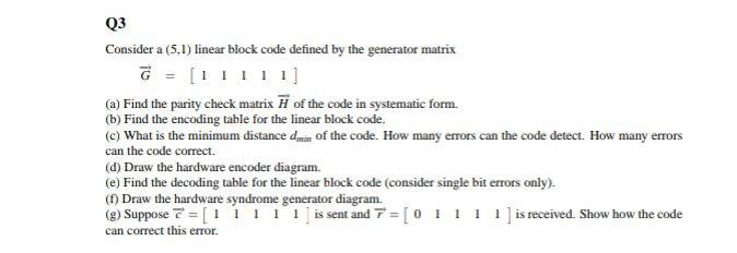 Solved Q3 Consider a (5.1) linear block code defined by the | Chegg.com