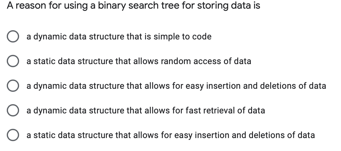 Solved A reason for using a binary search tree for storing | Chegg.com