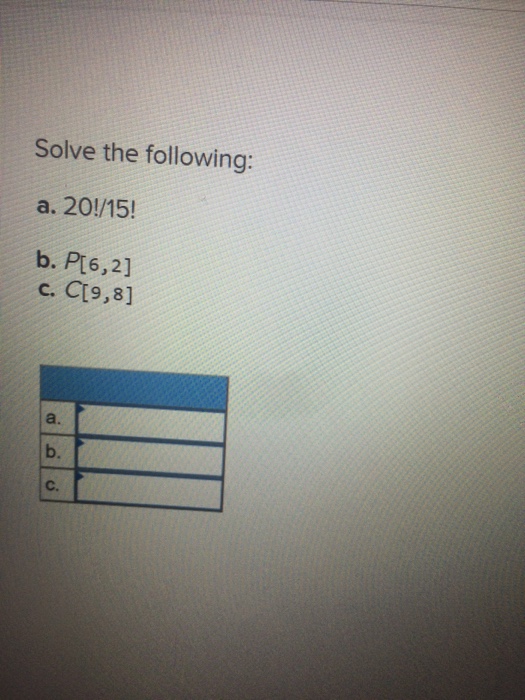 Solved Solve the following: a. 20!/15 b. P[6,2] c. C[9,8] b. | Chegg.com