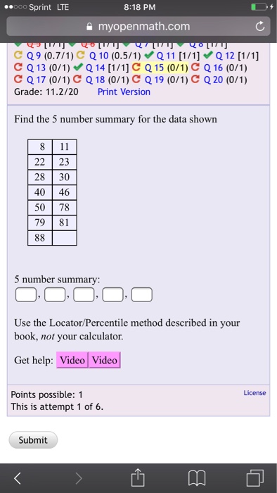 Solved Find The 5 Number Summary For The Data Shown 5 