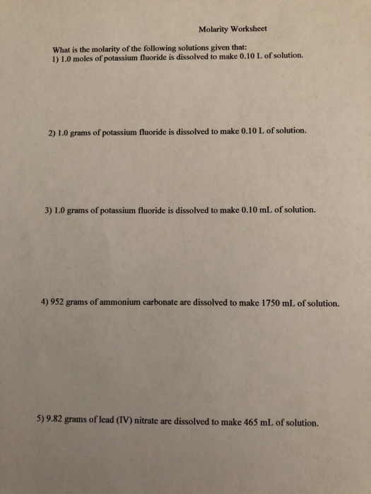 Solved Molarity Worksheet What is the molarity of the | Chegg.com