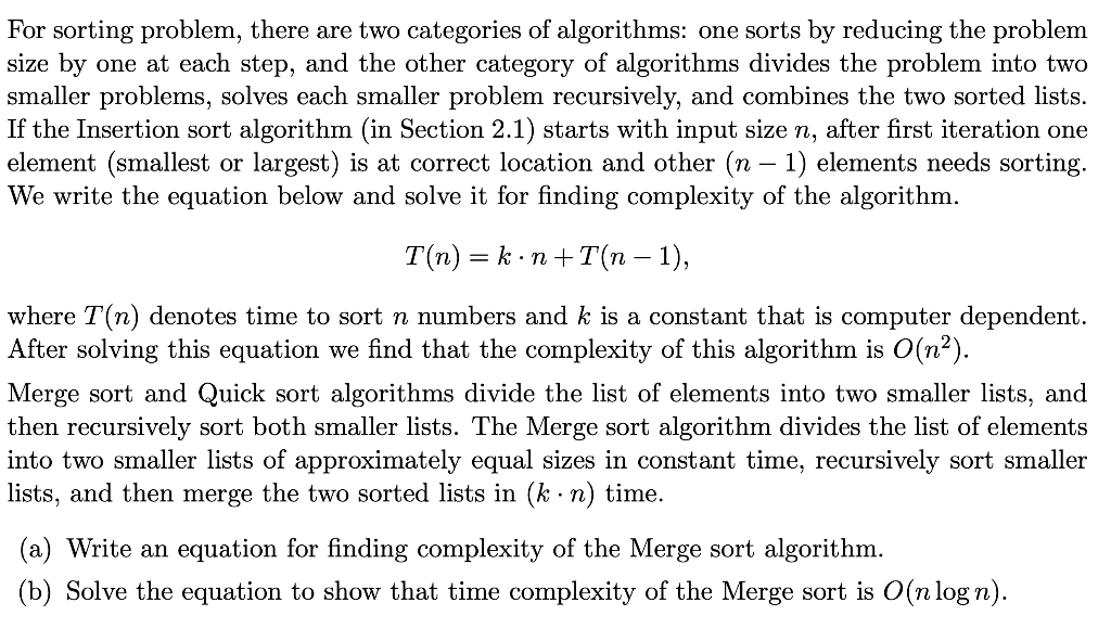Solved For sorting problem, there are two categories of | Chegg.com