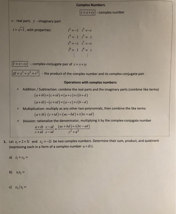 Solved Complex Numbers Z X Iy Complex Number X Real