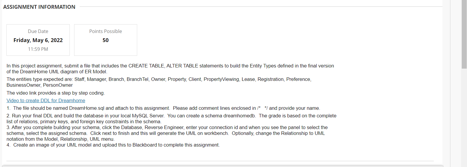 Solved ASSIGNMENT INFORMATION Due Date Points Possible 50 | Chegg.com