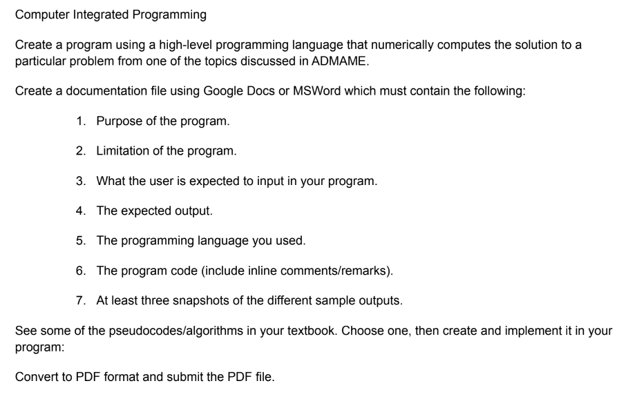 Computer Integrated Programming Create a program | Chegg.com
