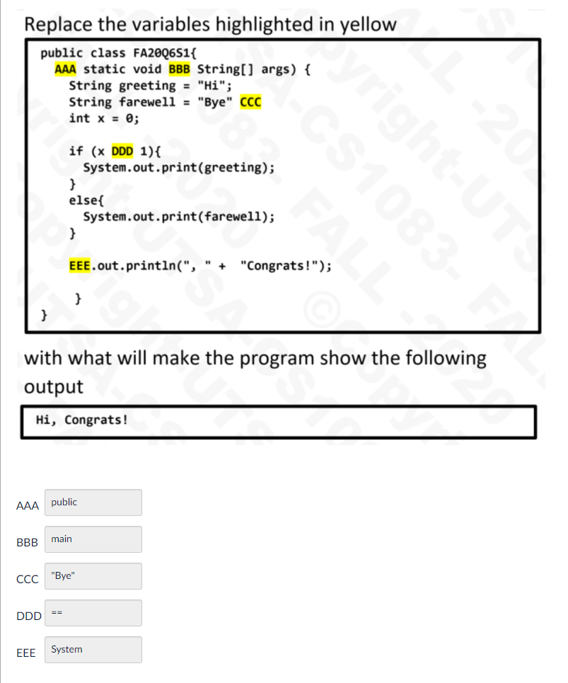 Solved Replace the variables highlighted in yellow public | Chegg.com