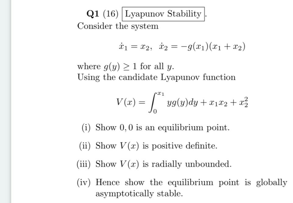 Q1 16 Lyapunov Stability Consider The System 1 Chegg Com