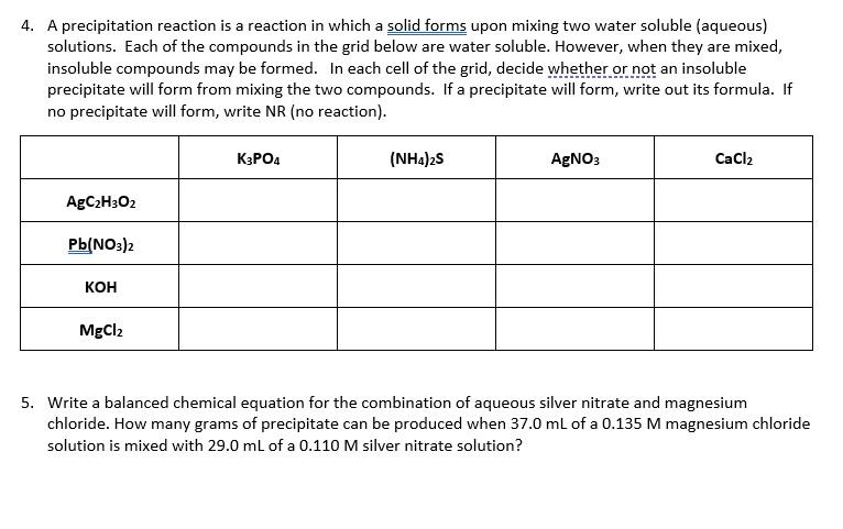 Solved 4. A precipitation reaction is a reaction in which a | Chegg.com