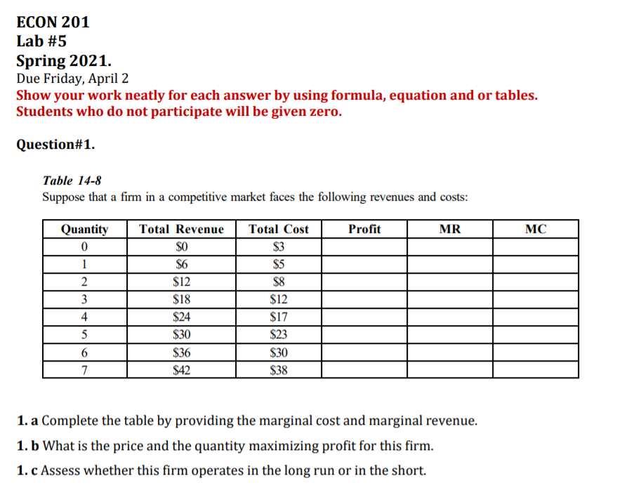 Solved ECON 201 Lab #5 Spring 2021. Due Friday, April 2 Show | Chegg.com