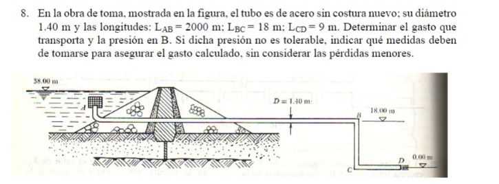 8. En la obra de toma, mostrada en la figura, el tubo es de acero sin costura nuevo; su diámetro \( 1.40 \mathrm{~m} \) y las