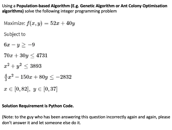 Solved Using a Population-based Algorithm (E.g. Genetic | Chegg.com