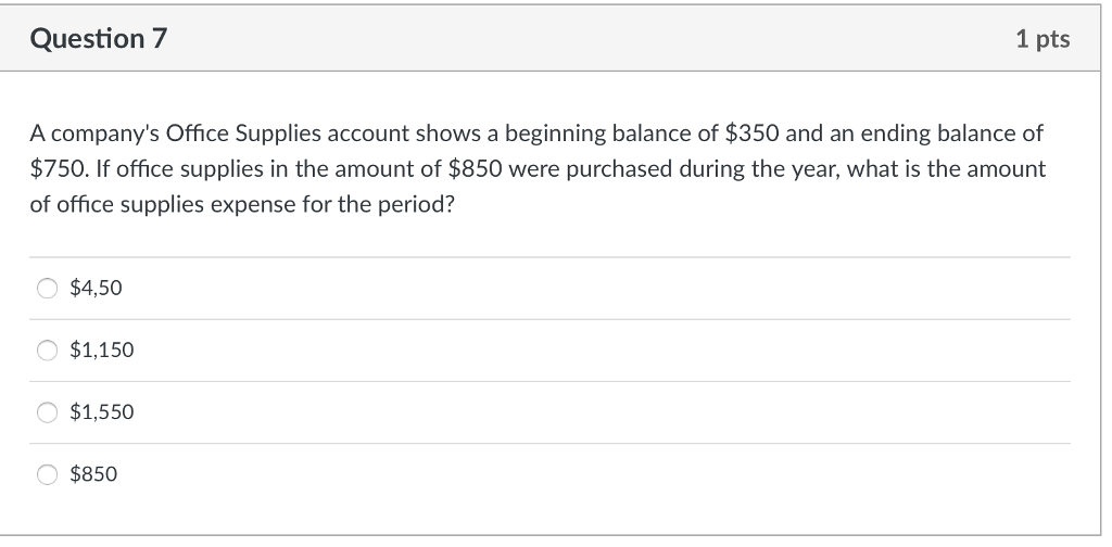 Solved Question 7 1 pts A company's Office Supplies account