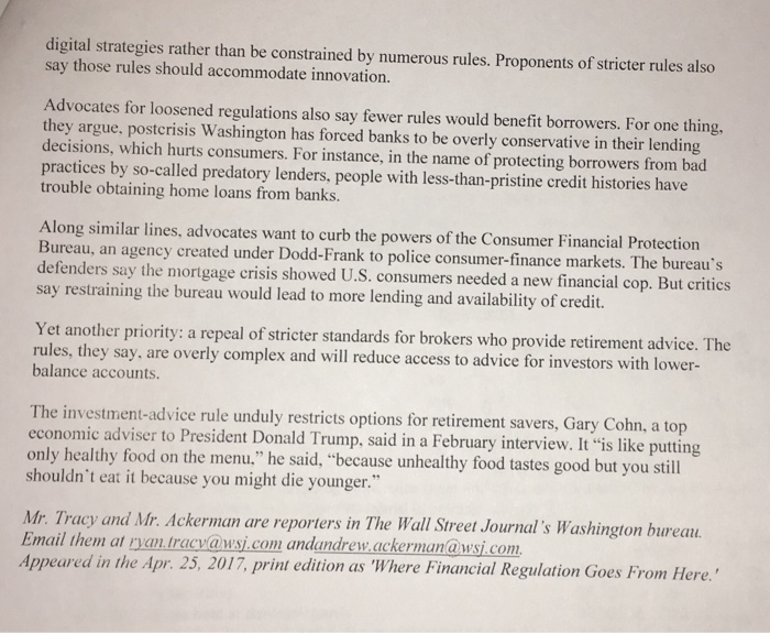 Solved Read the attached WSJ article "Where Financial