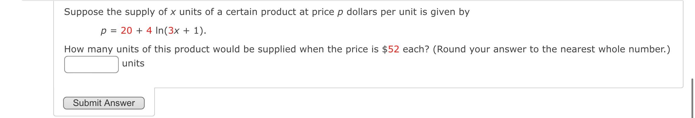 Solved Suppose The Supply Of X Units Of A Certain Product At | Chegg.com