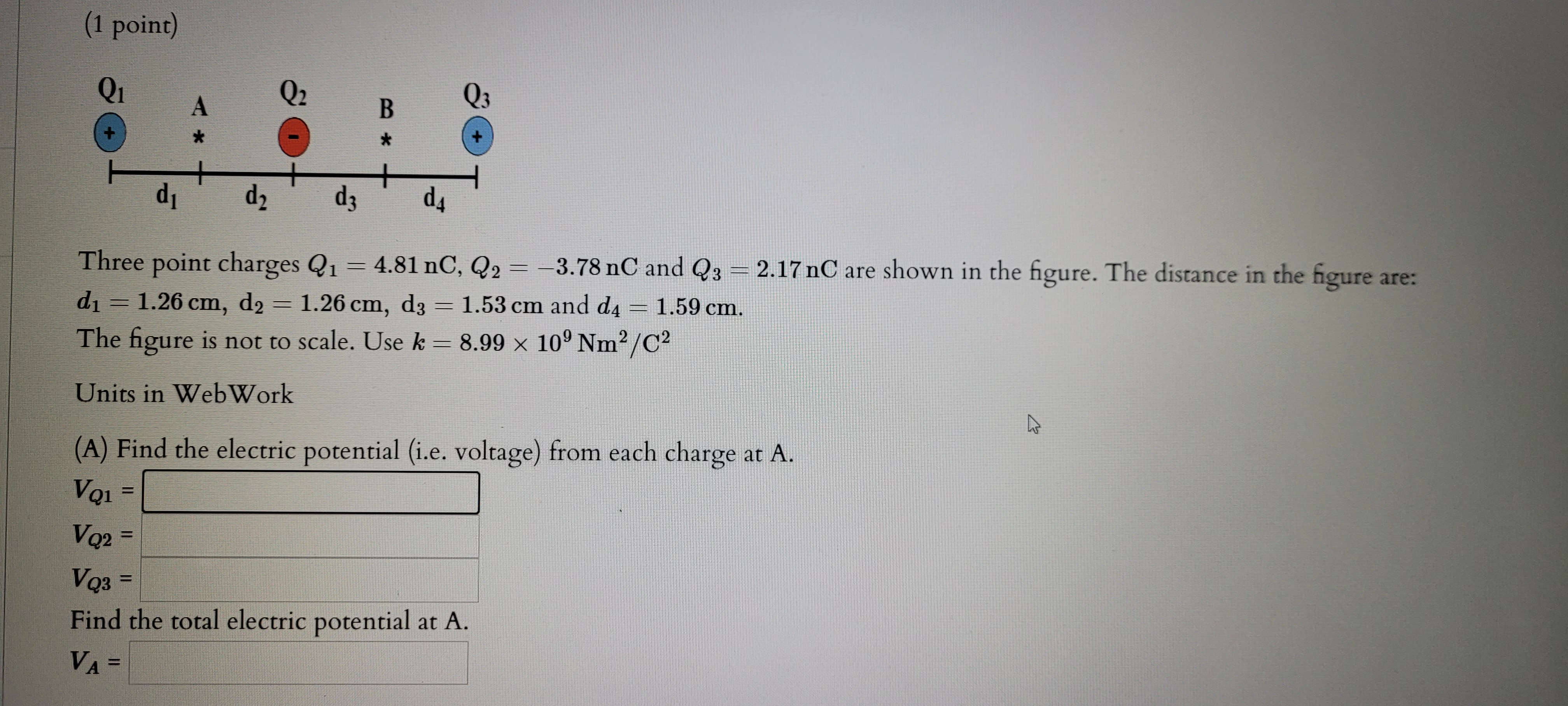 Solved Three Point Charges \\( Q_{1}=4.81 \\mathrm{nC}, | Chegg.com