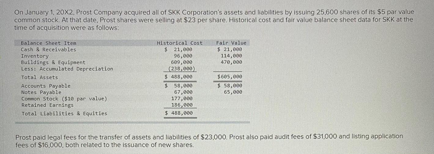 Solved On January 1 20x2 Prost Company Acquired All Of Skk 6944