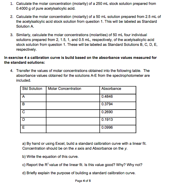 Solved 1. Calculate the molar concentration (molarity) of a | Chegg.com