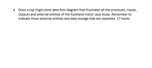 4. Draw a top (high) level data flow diagram that illustrates all the processes, inputs, outputs and external entities of the