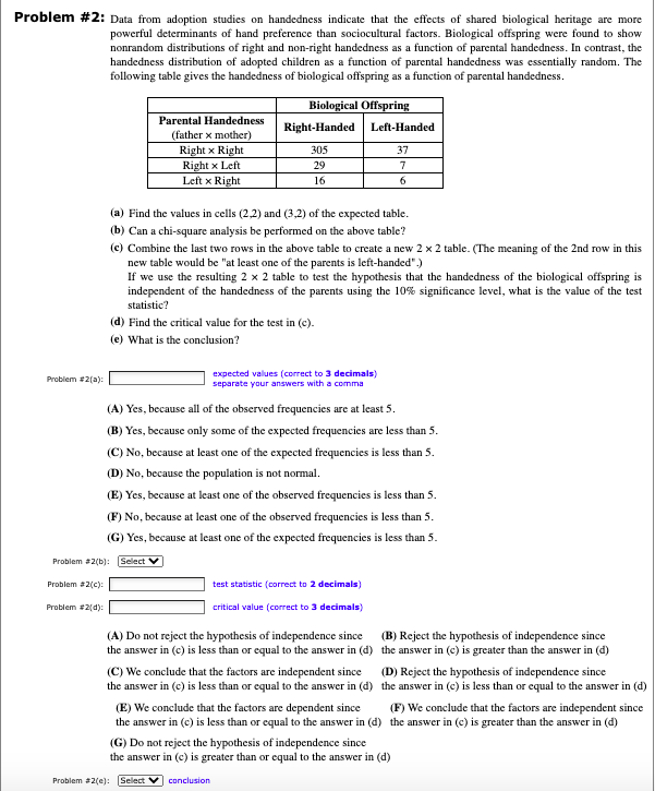 Solved Problem #2: Data from adoption studies on handedness | Chegg.com