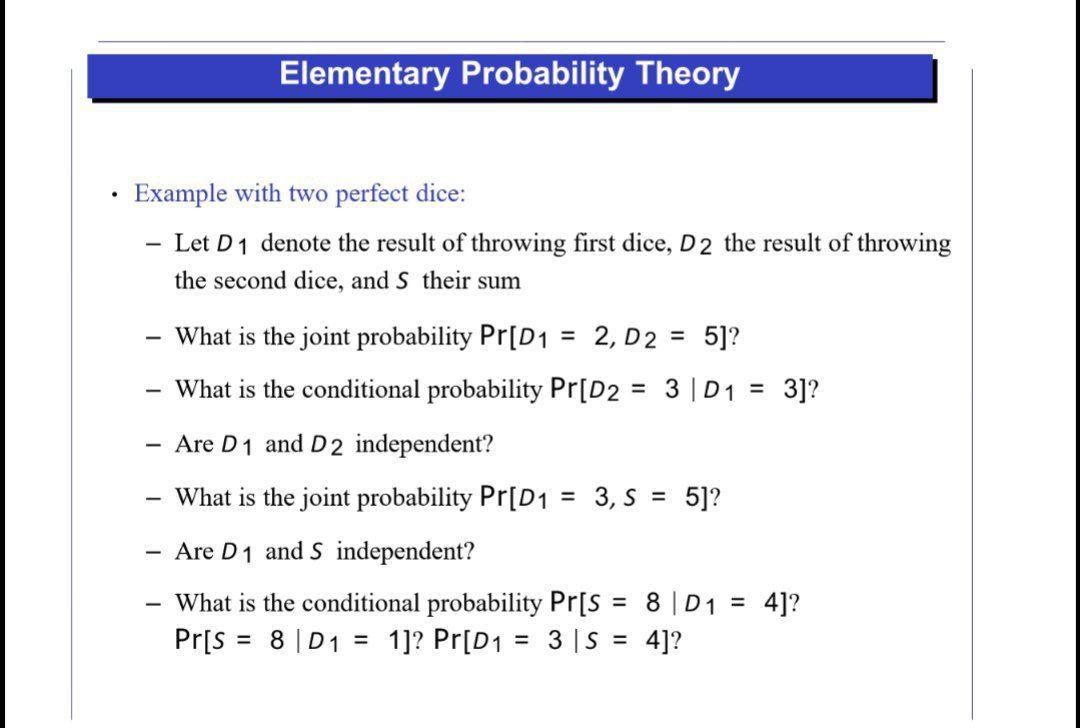 Solved - Example with two perfect dice: - Let D1 denote the | Chegg.com