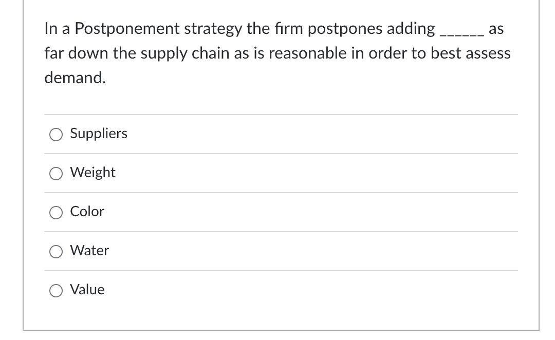 Solved In a Postponement strategy the firm postpones adding | Chegg.com