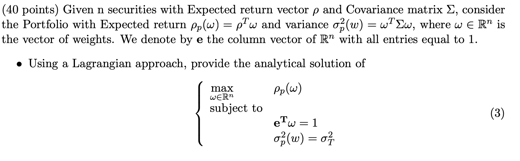 Given n securities with Expected return vector ρ and | Chegg.com