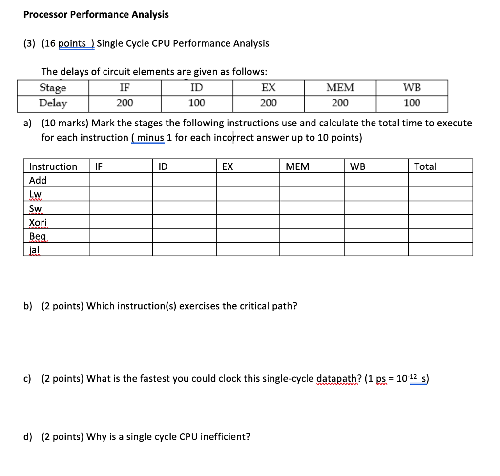 Processor Performance Analysis (3) (16 points ) | Chegg.com