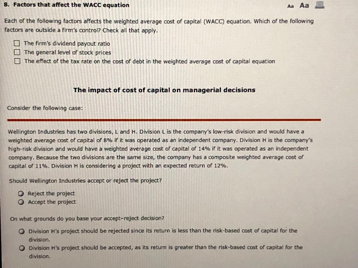 Solved 8. Factors that affect the WACC equation AaAa? Each | Chegg.com