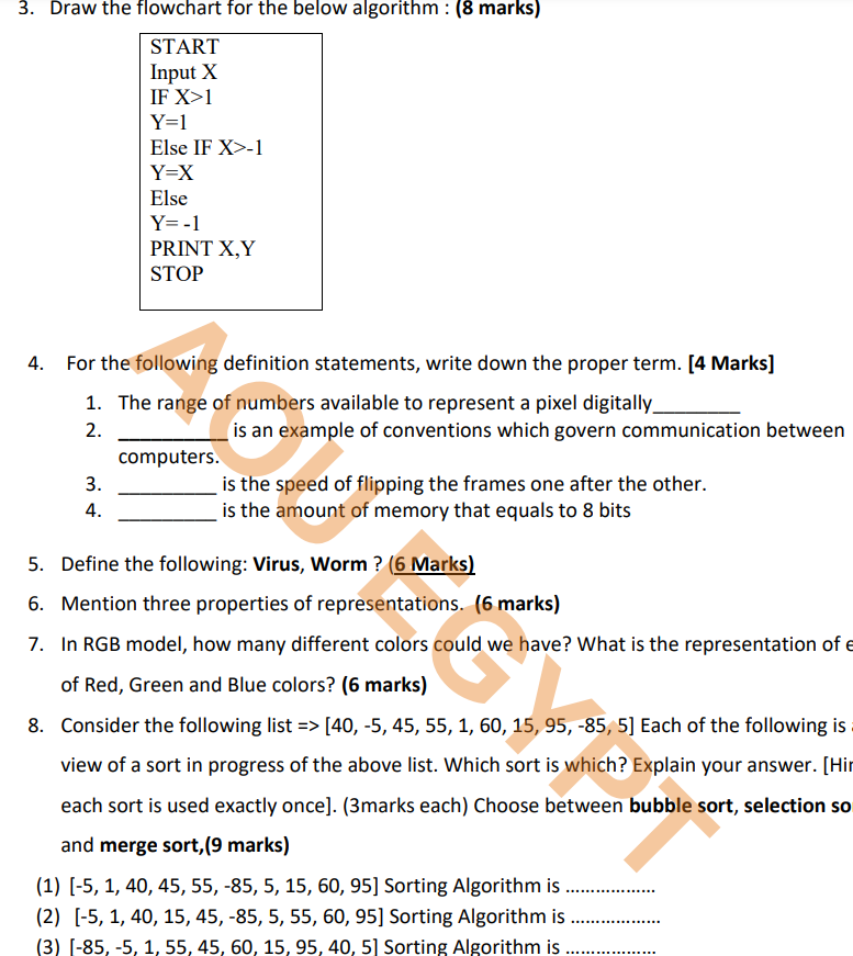 3. Draw the flowchart for the below algorithm : (8 marks)
START
Input X
IF X>1
Y=1
Else IF X>-1
Y=X
Else
Y=-1
PRINT X,Y
STOP
