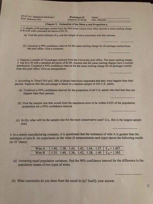 Solved STAT 411 Statistical MethodsI Prof. Hokwon Cho | Chegg.com