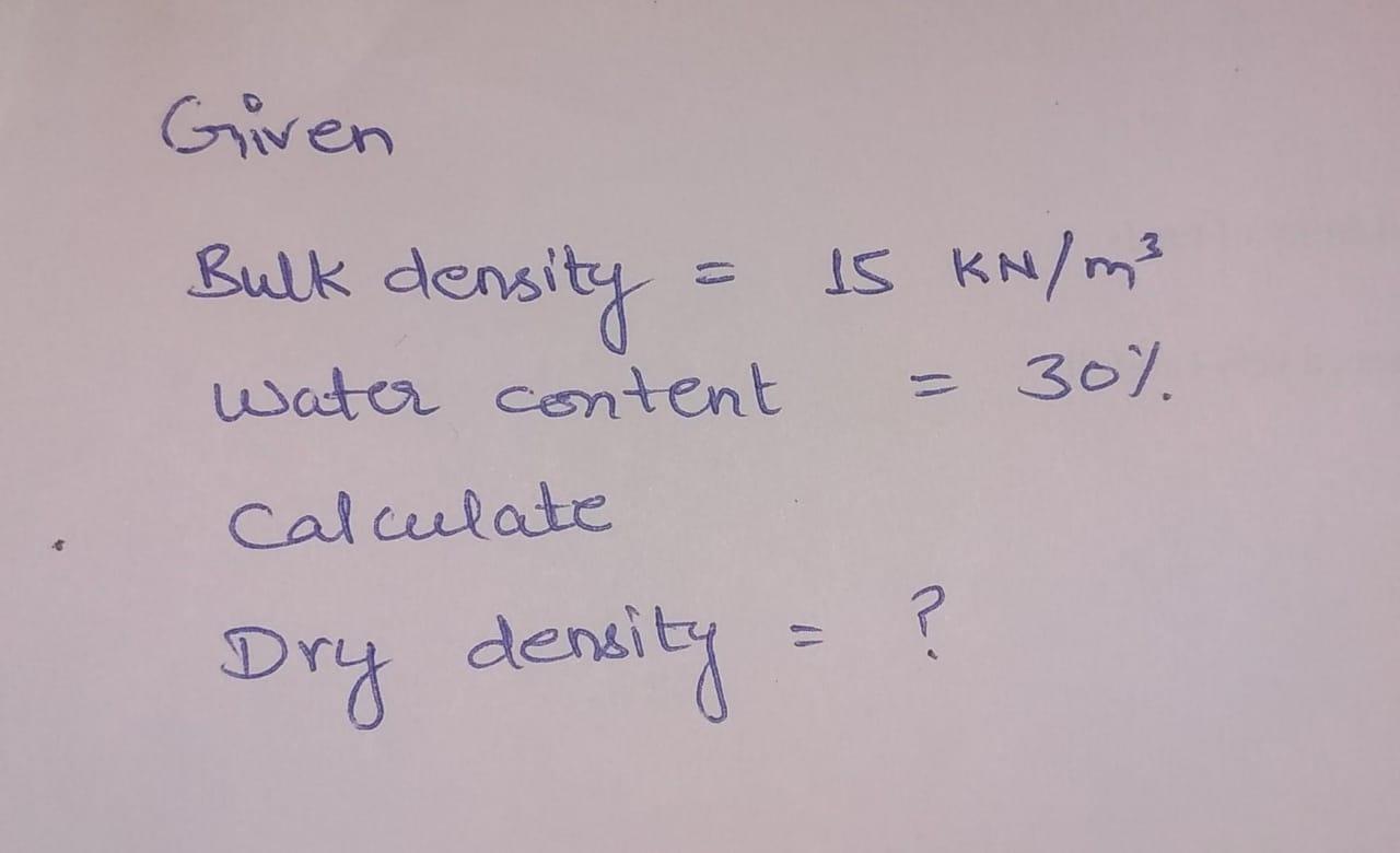 Solved Given Bulk density =15kN/m3 water content =30% | Chegg.com
