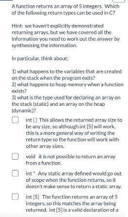 Solved A function returns an array of 5 integers. Which of | Chegg.com