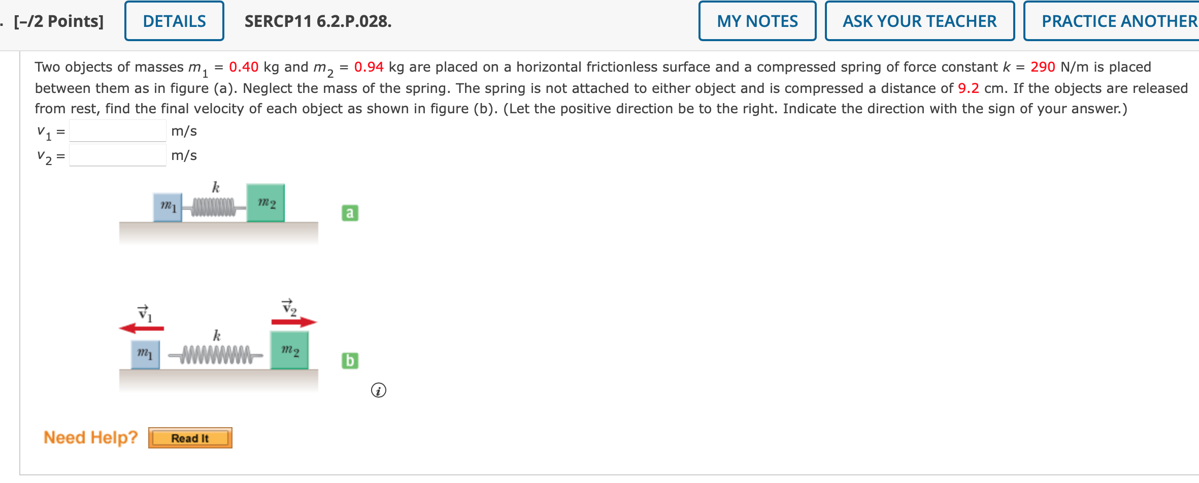 Solved Two Objects Of Masses M1=0.40 Kg And M2=0.94 Kg Are | Chegg.com