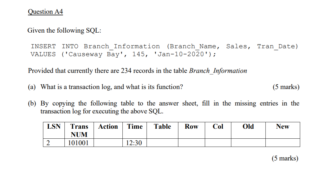 Solved Question A4 Given the following SQL: INSERT INTO | Chegg.com
