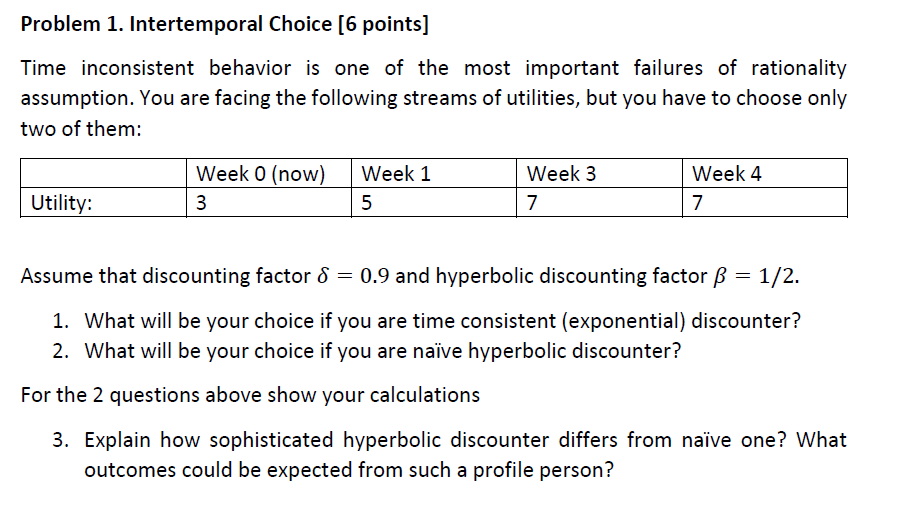 Problem 1. Intertemporal Choice [6 points] Time | Chegg.com