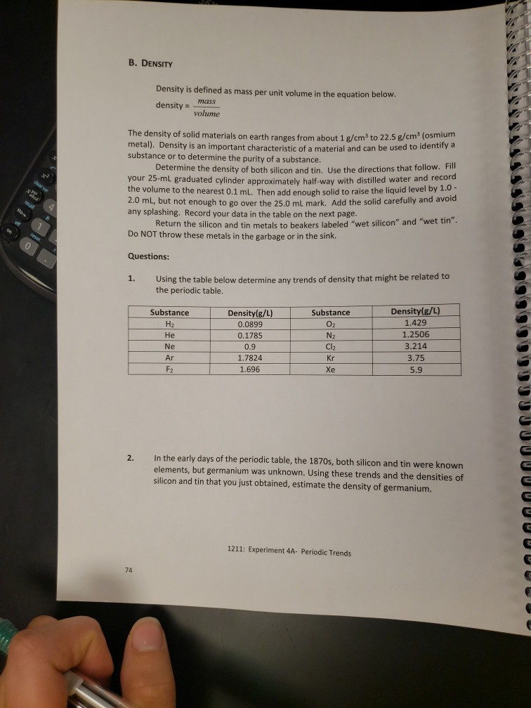 Solved B. DENSITY Density Is Defined As Mass Per Unit Volume | Chegg.com